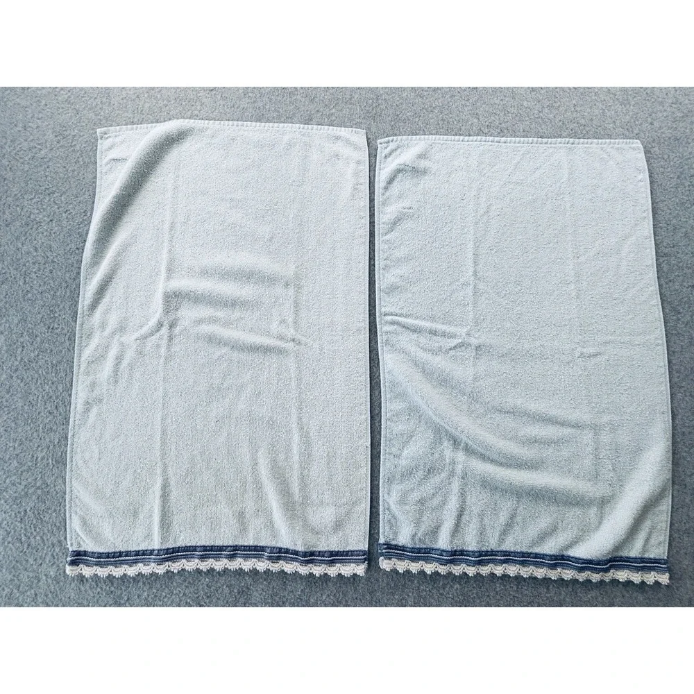 Pair Of Vintage Dundee Hand Towels - Light Blue With White Lace Trim - Lot Of 2